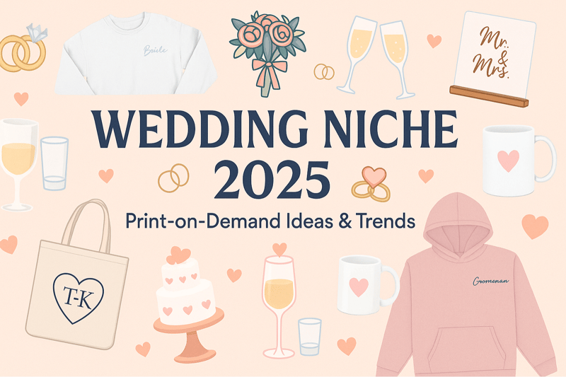 Khám phá sản phẩm print on demand hot niche wedding 2025, xu hướng mua sắm và kênh bán hàng tiềm năng trên Etsy, Amazon, TikTok Shop, Shopify.