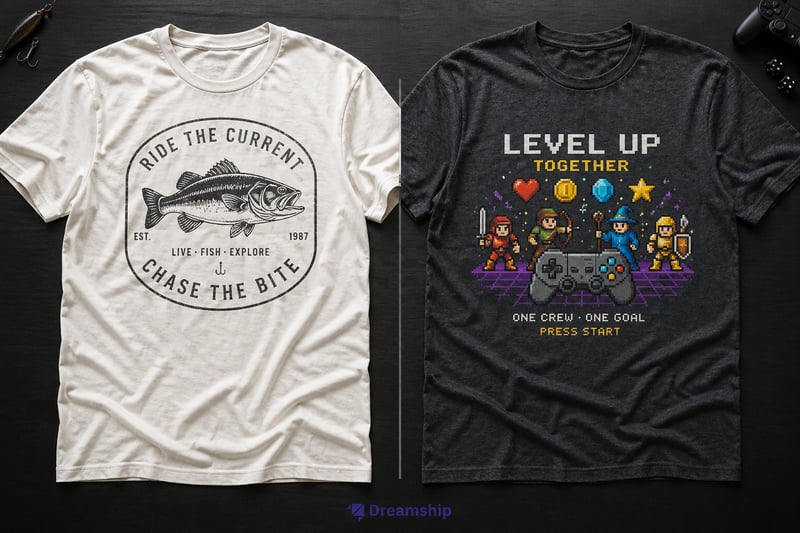 Hai phôi Softstyle cho niche Hobby: áo trắng thiết kế vintage fishing và áo xám thiết kế gaming