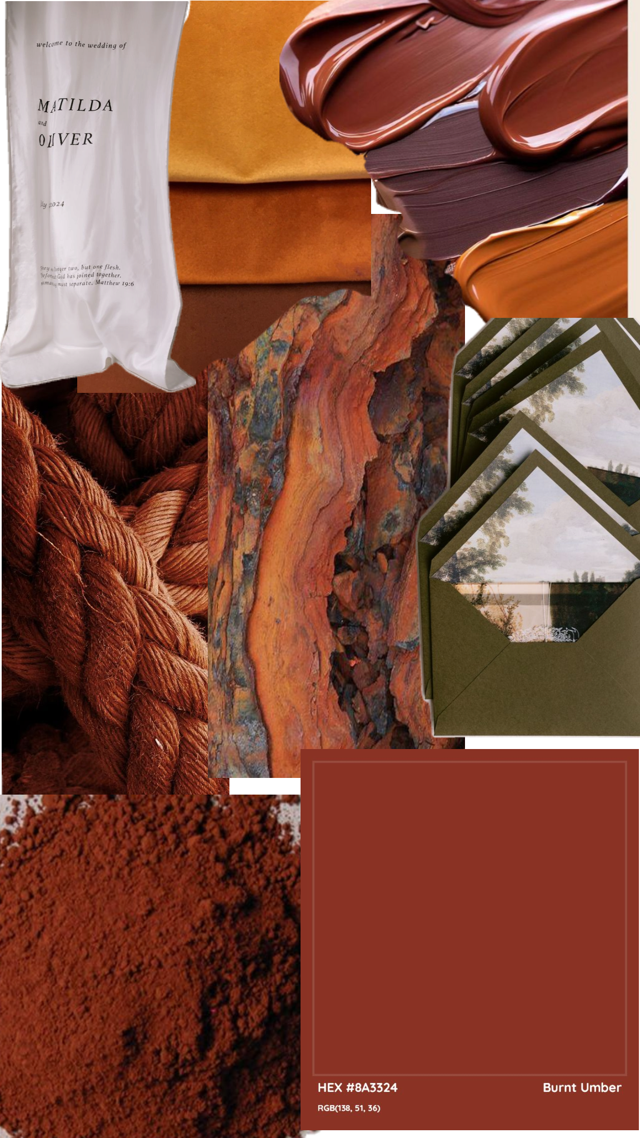 Bảng màu terracotta và burnt umber với chất liệu vải, sơn và gỗ tự nhiên.