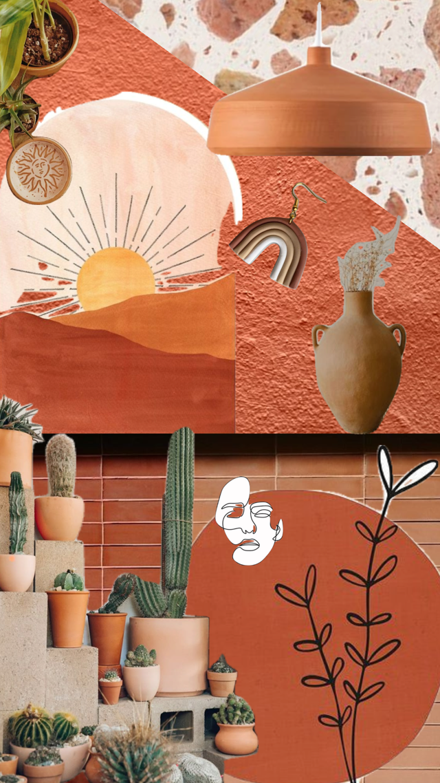 Trang trí nội thất terracotta với gốm sứ, tranh tường và cây xương rồng.