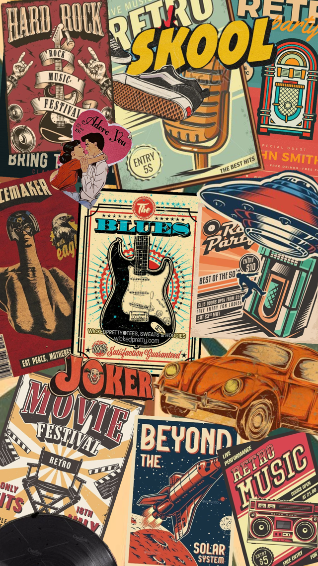 Poster retro school và vintage prep với nhạc rock, blues và phong cách cổ điển.