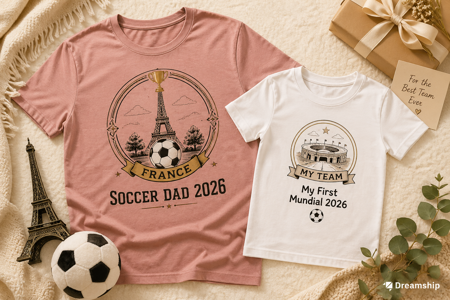 Soccer Dad 2026 fan persona gifting t-shirt with Paris landmark badge