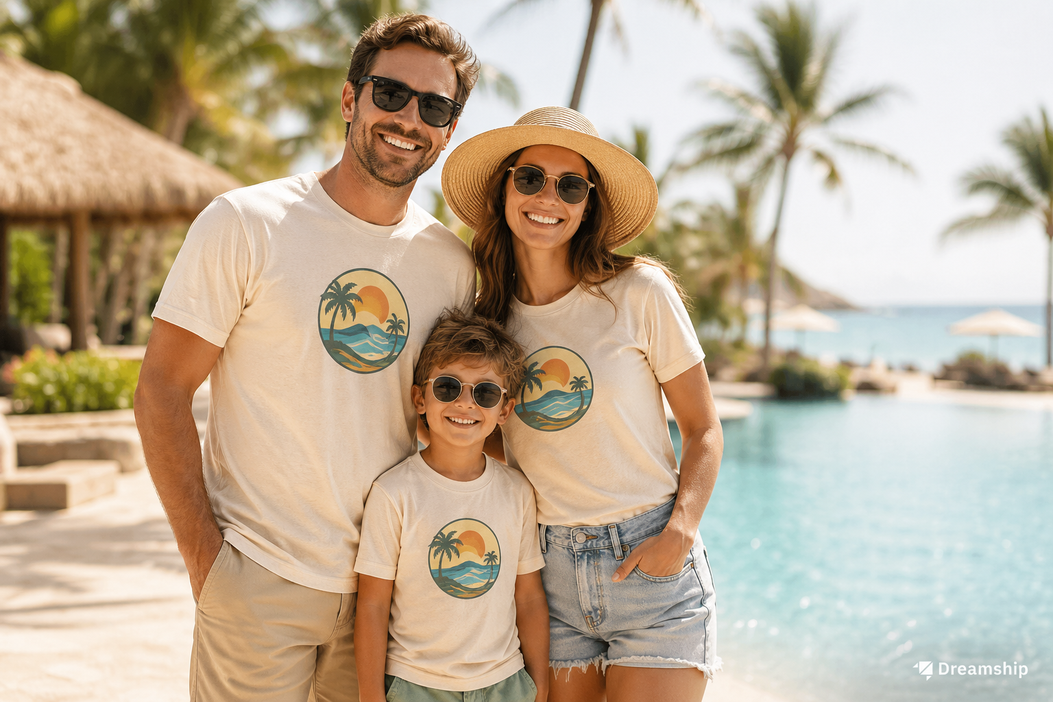 Áo gia đình matching Softstyle màu kem - thiết kế vacation badge POD cho niche Family/Couple